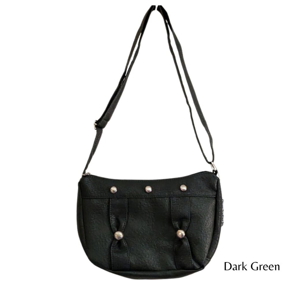 Women's Dark-Green Vegan Faux Leather Cross Body Bag w /Stud Accents NWT